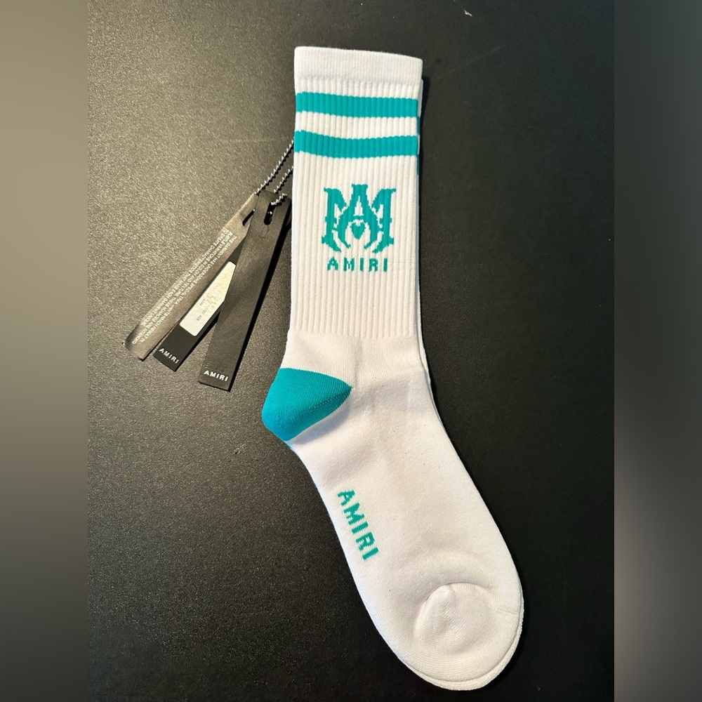 Amiri White TEAL M.A. LOGO Crew Ribbed Socks Size 43-44 ( Size 10-11) NEW